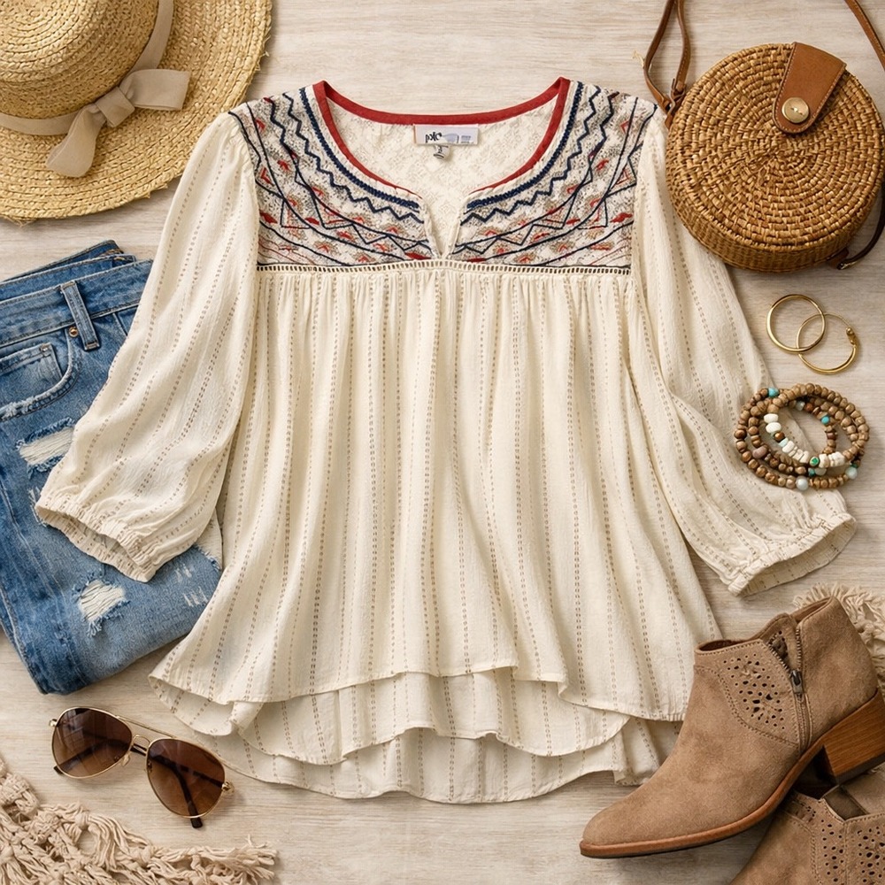 Jolt Boho Cream Embroidered Peasant Blouse Size L 3/4 Sleeve Rayon Top